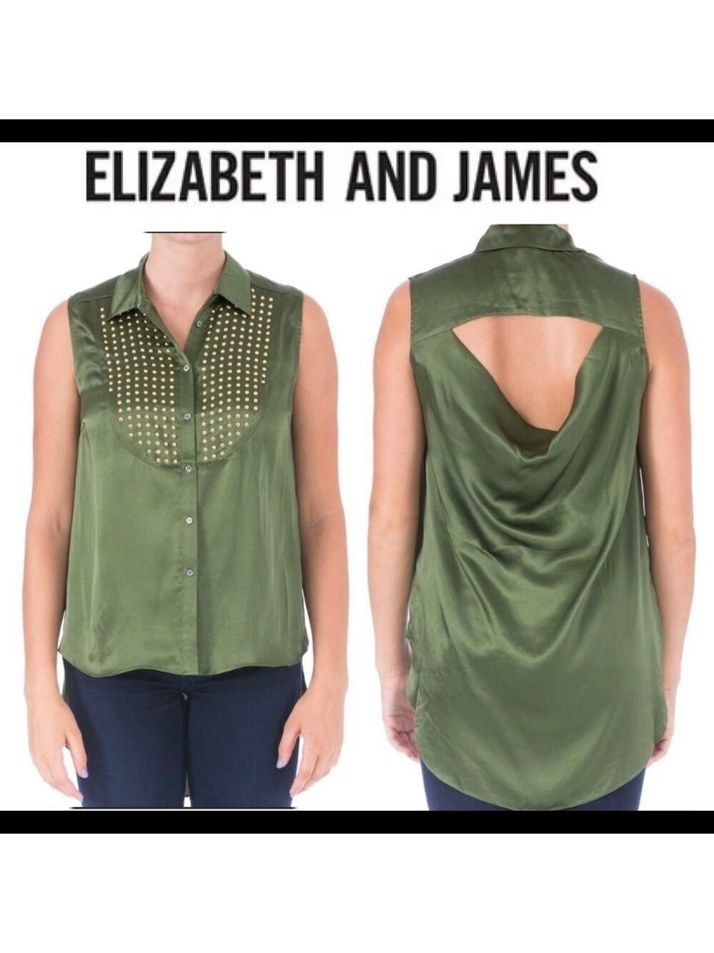 Elizabeth and James Womens Misaki Green Silk Button-Down Top Blouse M